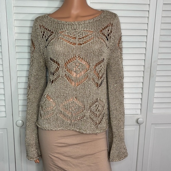 LIU JO Milano Open-Knit Gold Lurex Italian Crochet Sweater Size Large - Picture 2 of 7